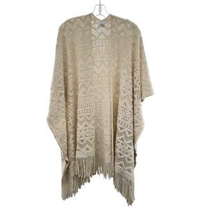Sonoma Open Front Poncho Cardigan Open Knit Half Sleeve Cream One Size Fringe